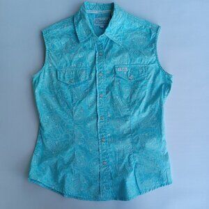Cowgirl Hardware Western Turquoise Paisley Pearl Snap Top Cowboy Ranch Size M